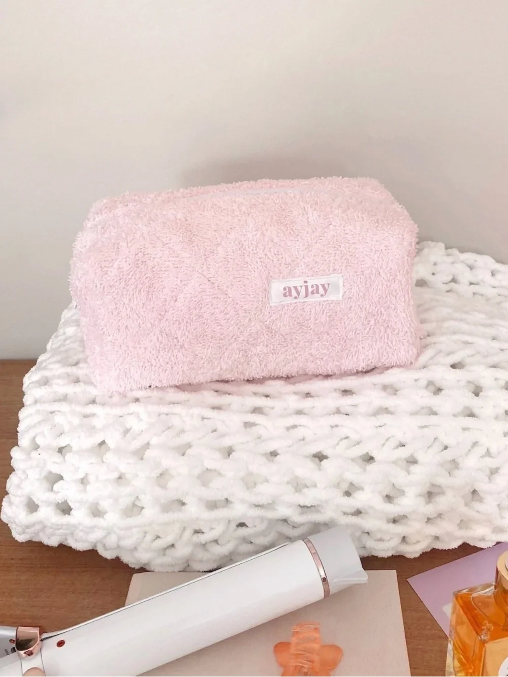 ayjay Pink Quilted Terry Zip Cosmetic Bag